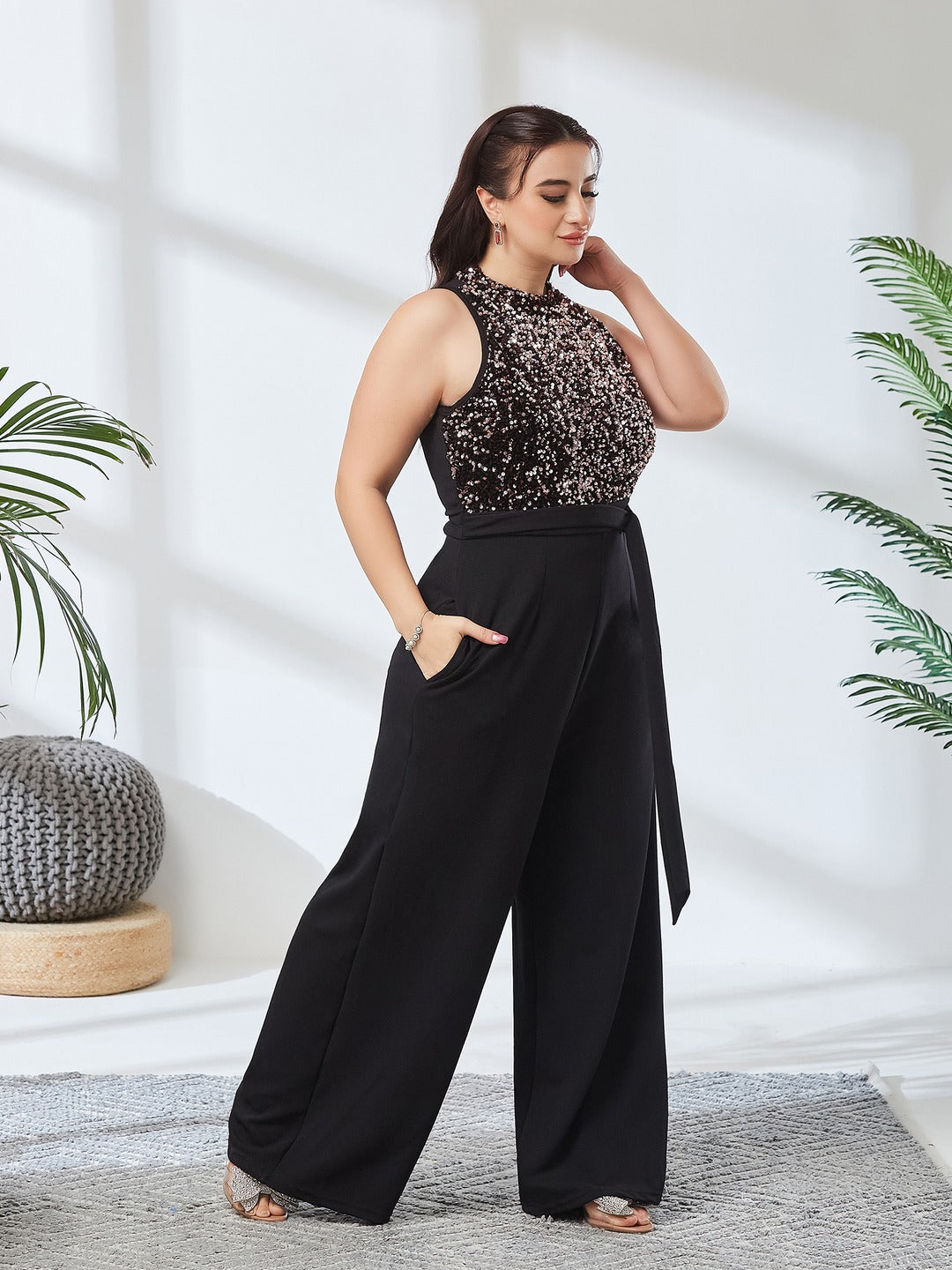 Black & Lavender Embellished Regular Jumpsuit for Women