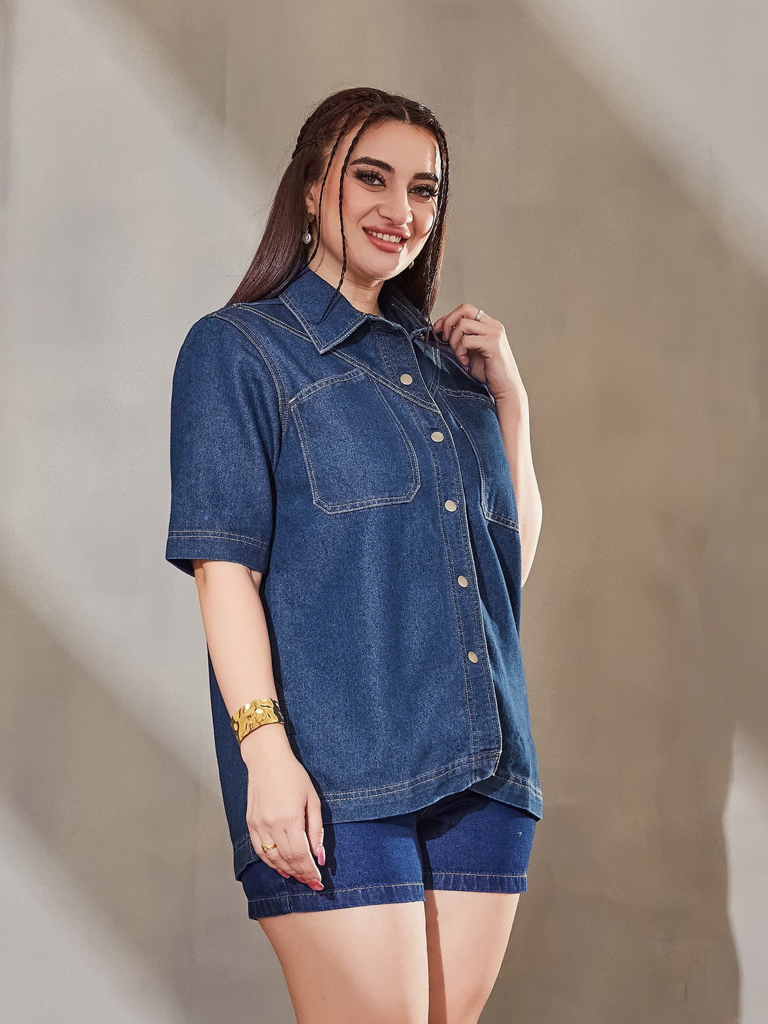 Navy Blue Boxy Denim Shirt - Half Sleeves, Collared, Relaxed Fit for Women