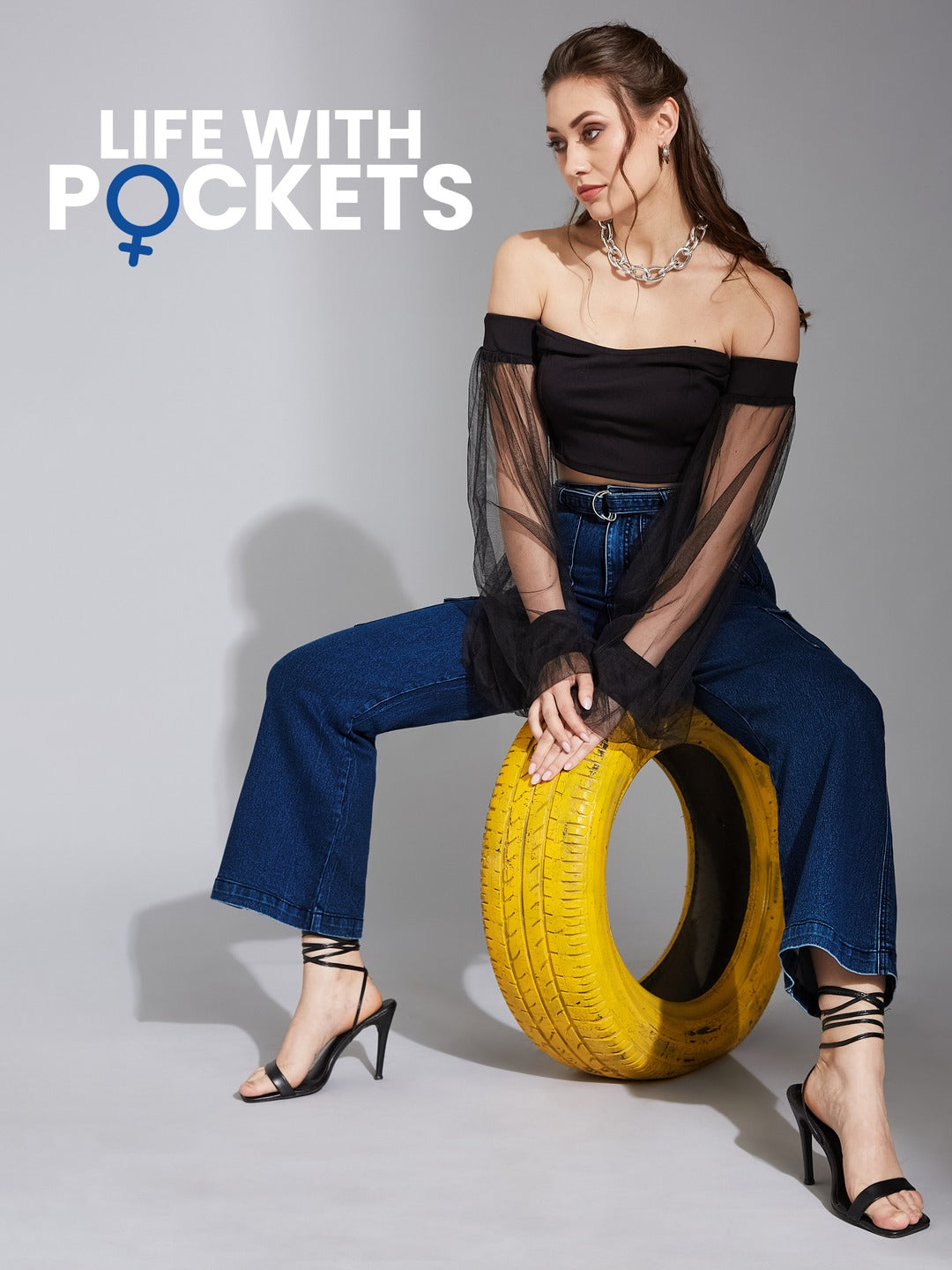 Blue Wide-Leg High-Rise Stretchable Corgo Denim Jeans for Women