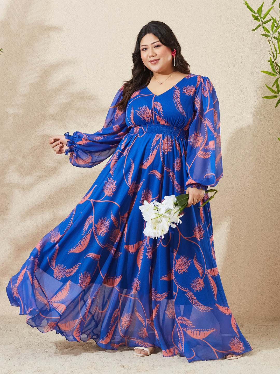 Royal Blue & Coral Floral V-Neck Bishop Sleeve Smocked Chiffon Maxi Dress for Women