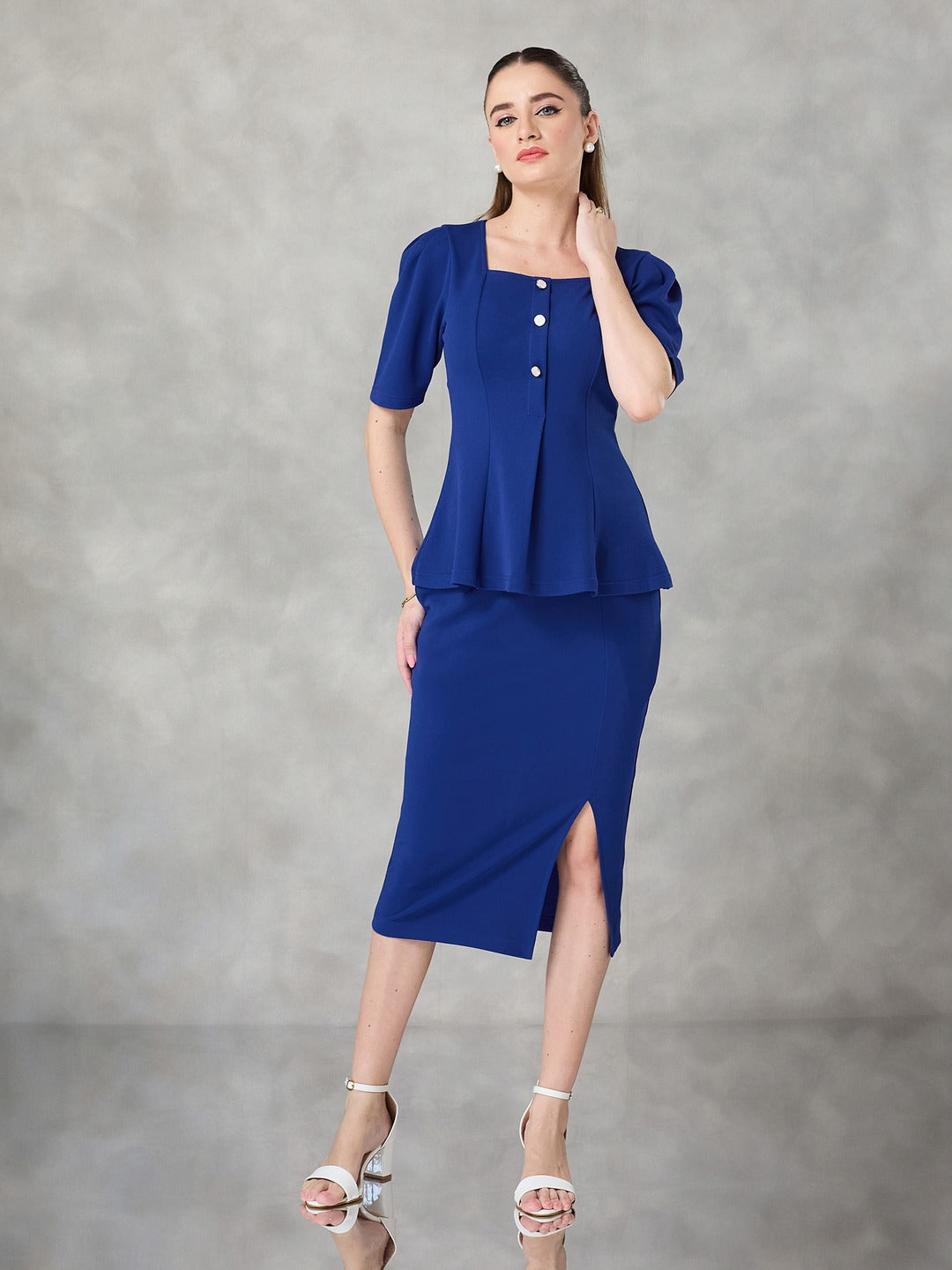 Royal Blue Square Neck Half Sleeve Solid Peplum Knee-Long Premium Polyknit Co-Ord Set for Women