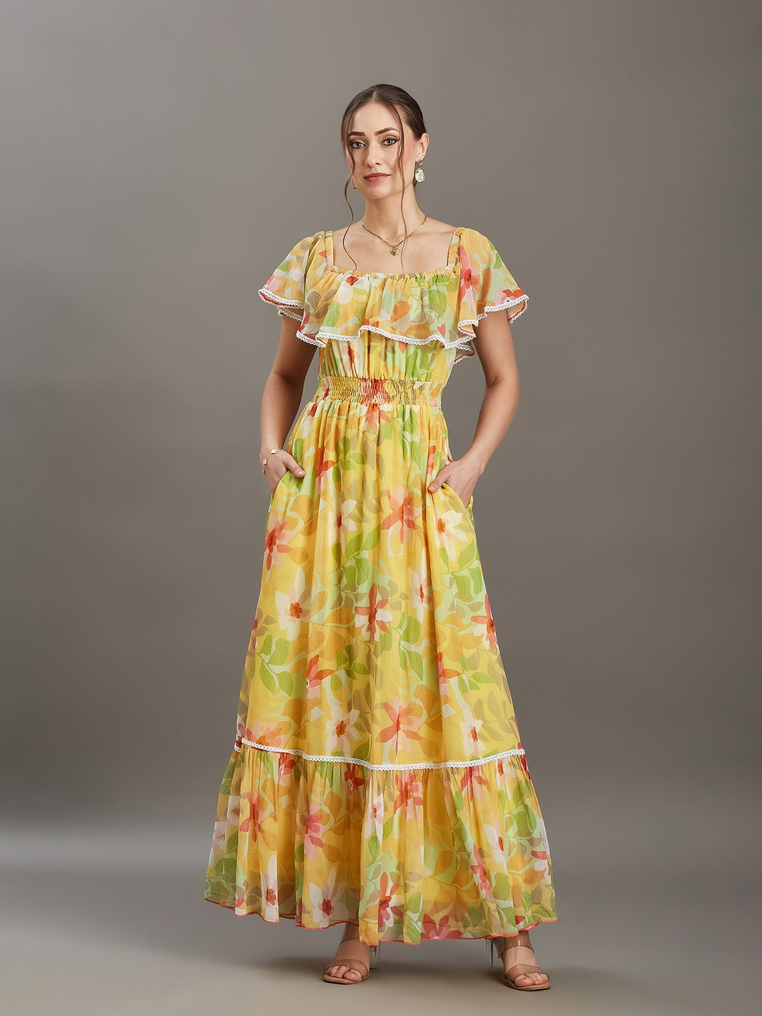 Butter Yellow Square Neck Cape Floral Tiered Maxi Chiffon Dress for Women