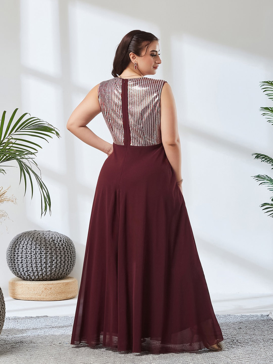 Wine V-Neck Sleeveless Embellished Wrap-Styled Maxi Georgette Dress for Women