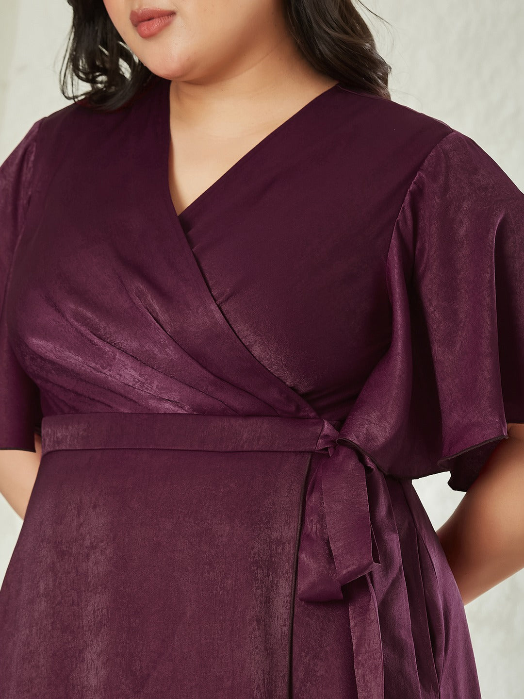 Wine V-Neck Flared Solid Overlap/Tie-Up Midi Satin Dress for Women