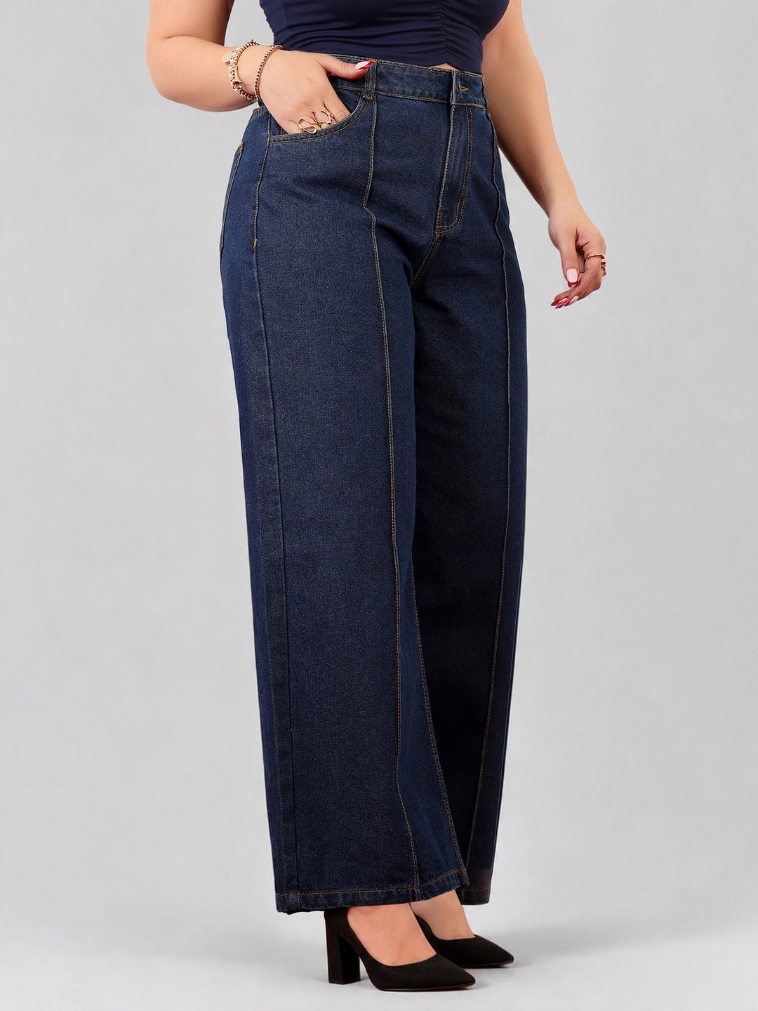 Navy Blue Wide-Leg High-Rise Non-stretchable Denim Jeans for Women