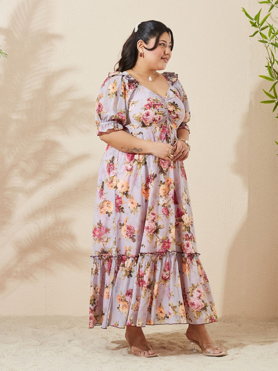 Light Grey Sweetheart Puff Sleeve Tiered Georgette Maxi Dress for Women