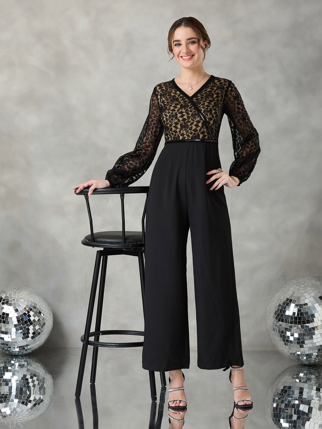 Black Self-Design Crepe V-Neck Jumpsuit with Balloon Sleeves and Lace Detailing for Women