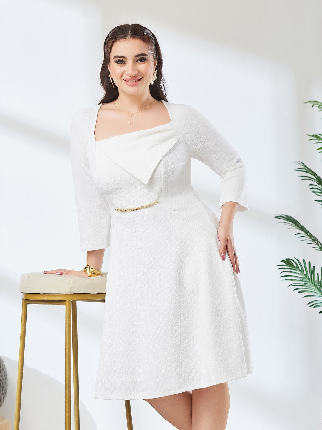 Off White Solid Square Neck Raglan Sleeves Side Pocketed Polyester Fit and Flare Knee-Length Dress for Women