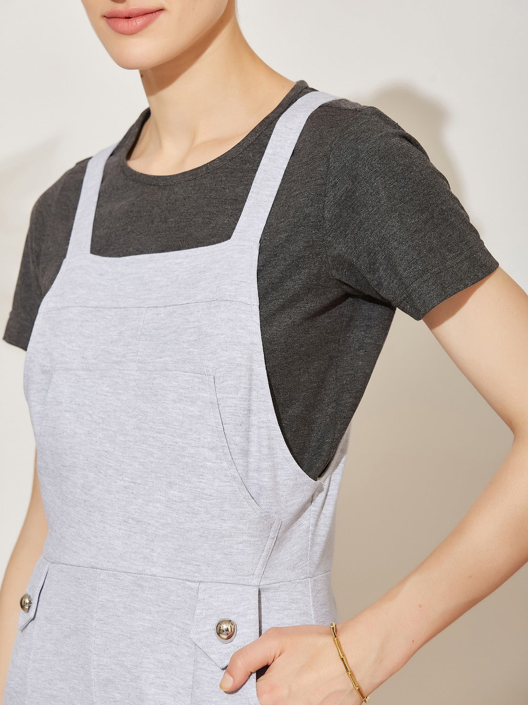 Grey and Black Solid Cotton Pinafore Maxi Co-ord Set with Utility Pockets for Women
