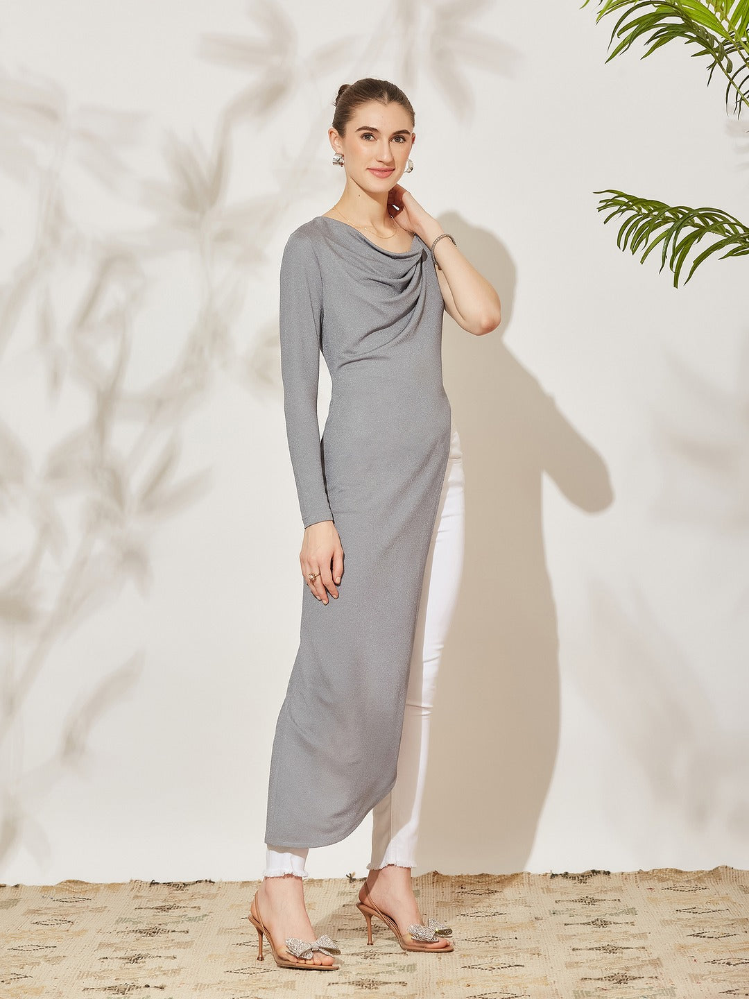 Grey Asymmetric Cowl Full Sleeve Solid Asymmetric Maxi Polyester Top for Women