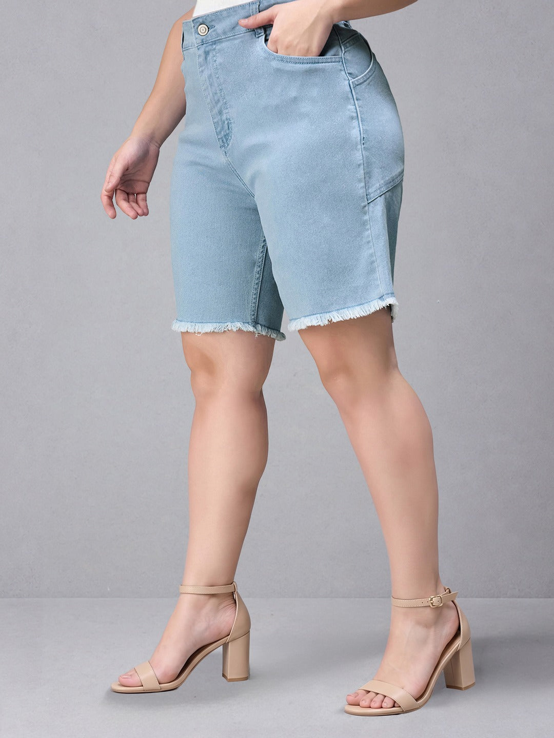Light Blue Regular High Rise Above Knee Stretchable Denim Shorts for Women