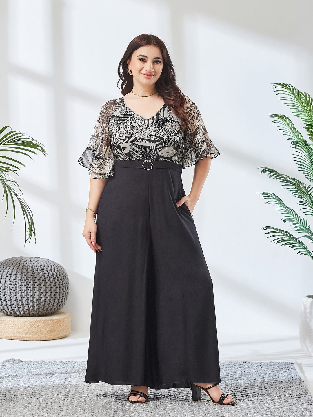 Black V Neck Ruffled Sleeve Wide Leg Regular-Length Polyester Printed Jumpsuit for Women