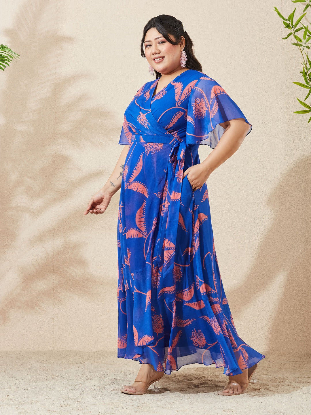 Royal Blue And Coral V-Neck Flared Floral Overlap/Tie-Up Maxi Chiffon Dress for Women
