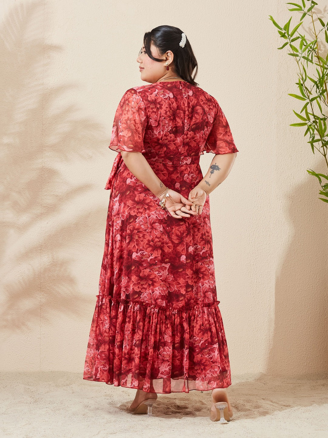 Red V-Neck Half Sleeve Floral Wrap Maxi Chiffon Dress for Women