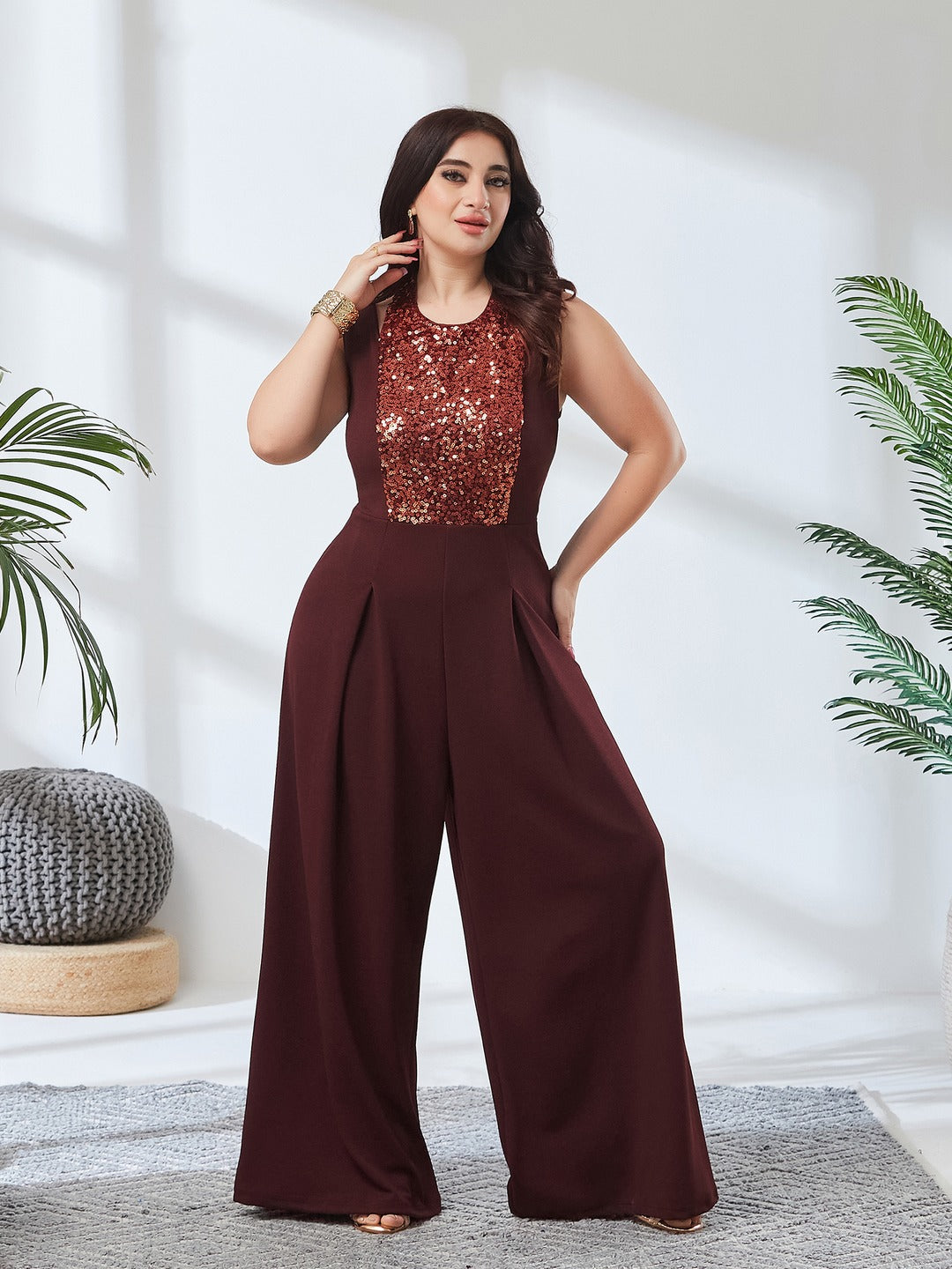Wine Color Halter Neck Sleeveless Solid Pleated/Wide Leg Sequin Paneled Regular Length Jumpsuit for Women