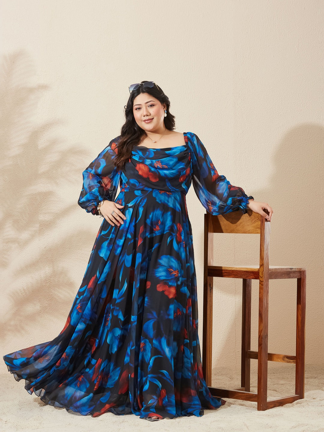 Black V-Neck Puff Floral Overlap/ Tiered Maxi Chiffon Ethnic Dress for Women