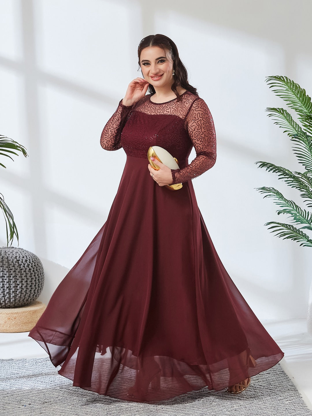 Wine Solid Embellished Maxi Dress for Women