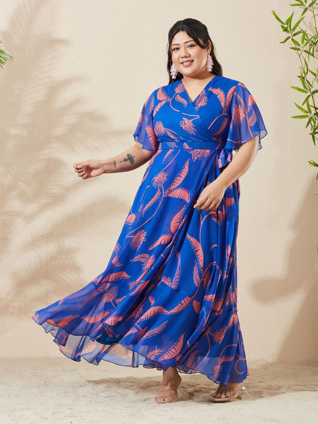 Royal Blue And Coral V-Neck Flared Floral Overlap/Tie-Up Maxi Chiffon Dress for Women