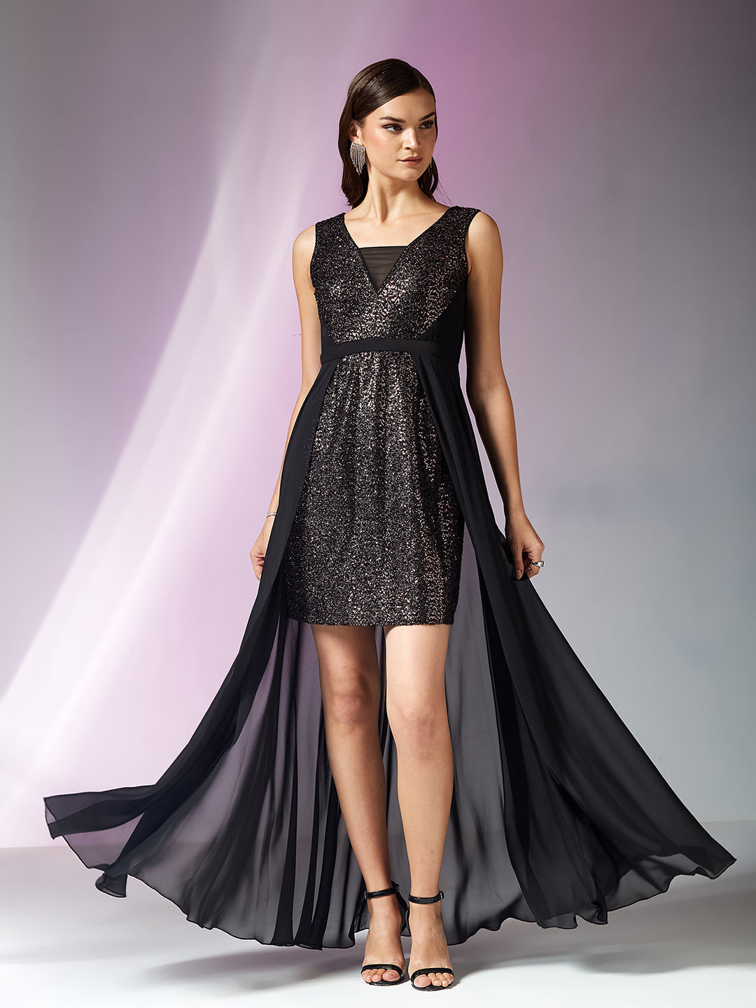 Black Tapered Square Sleeveless Embellished Bodycon Knee-Long Georgette Dress for Women