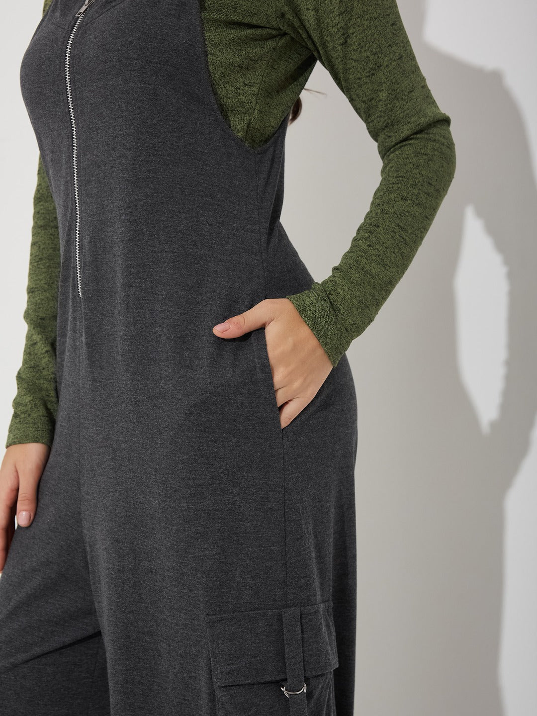 Charcoal Grey and Green Turtle Neck Full Sleeve Solid Regular Fit Cotton Dungaree Co-Ord Set for Women