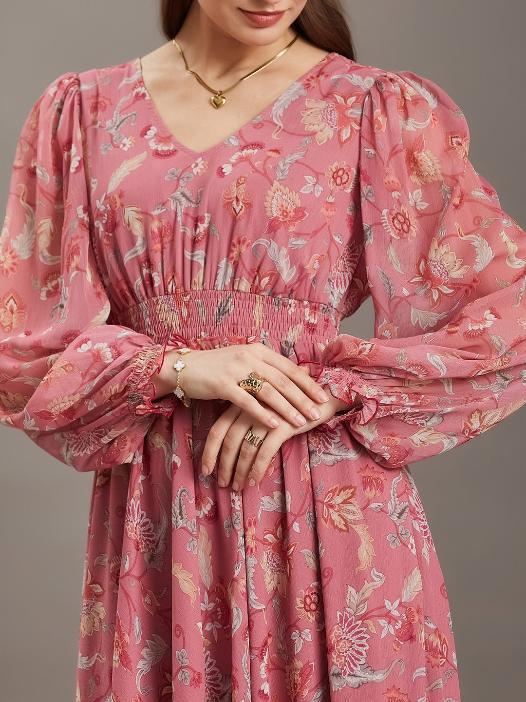 Pink V-Neck Smocked Bishop Sleeve Floral Gathered Chiffon Maxi Dress for Women