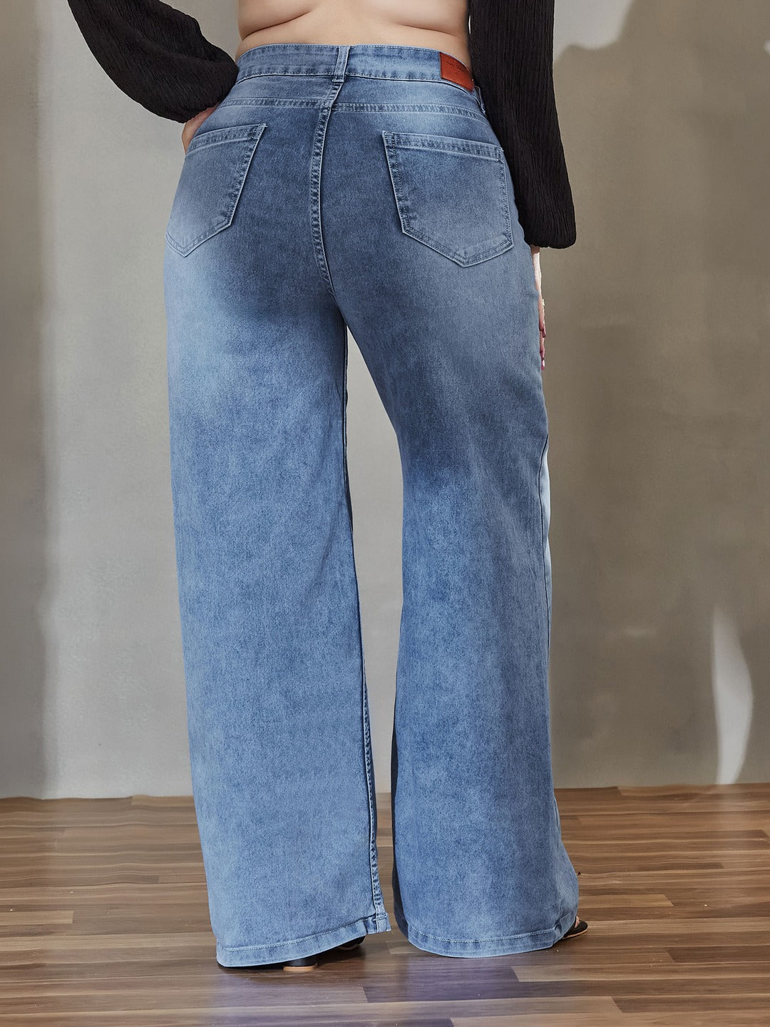Light Blue Wide-Leg Mid Rise Blast Effect Light Weight Denim Jeans for Women
