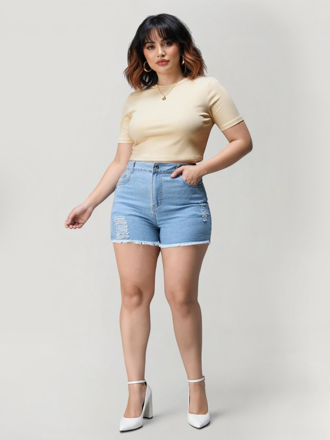 Blue Relaxed Mid Rise High Distress Regular Non Stretchable Denim Shorts for Women
