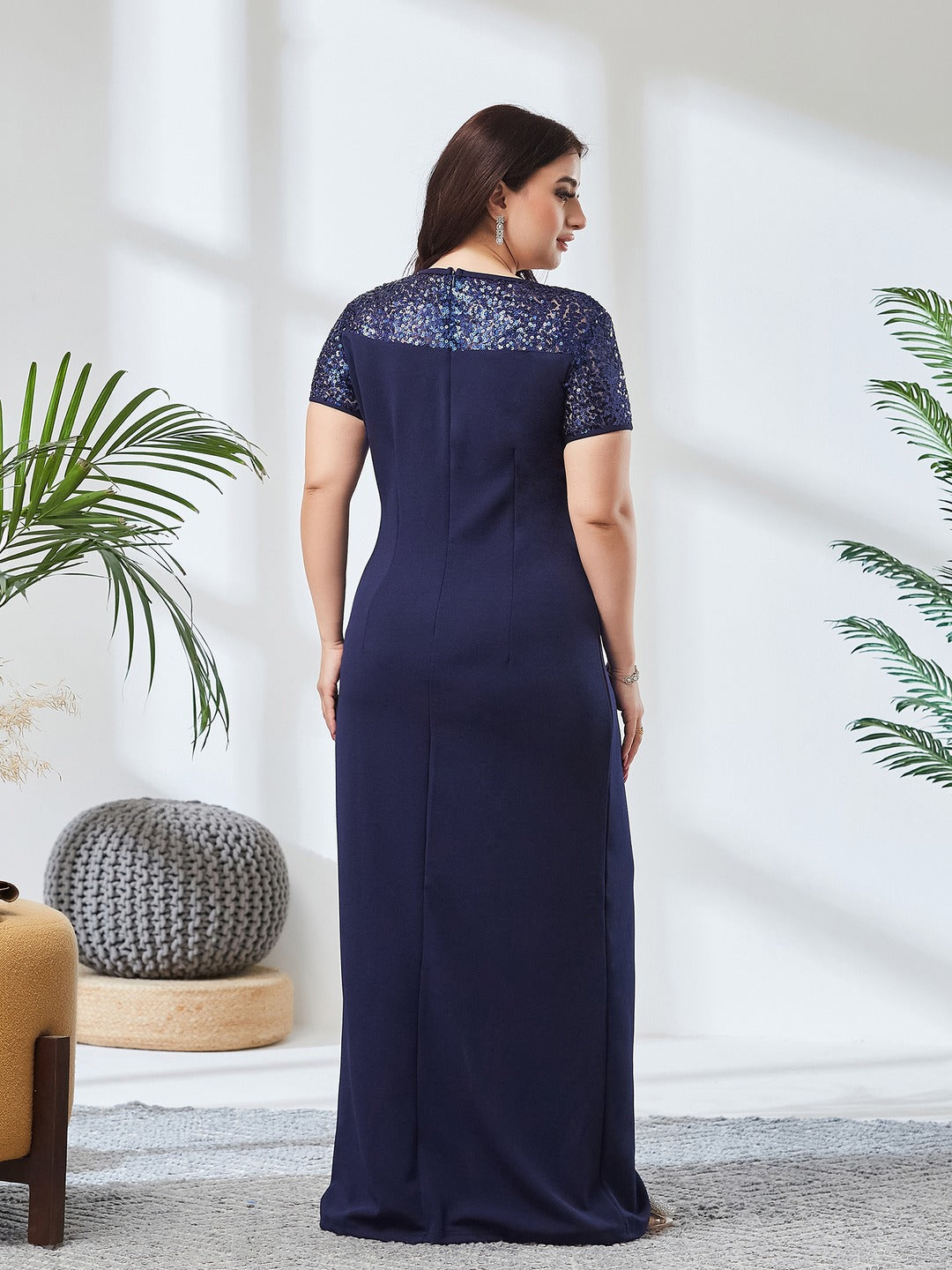 Navy Blue Round Neck Cap Sleeves Sequin Paneled Solid Bodycon Maxi Dress for Women