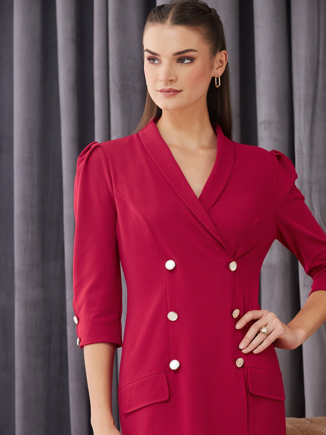 Dark Pink V-neck 3/4 Sleeve Solid Double Breasted Blazer Knee-Long Polyester Dress for Women