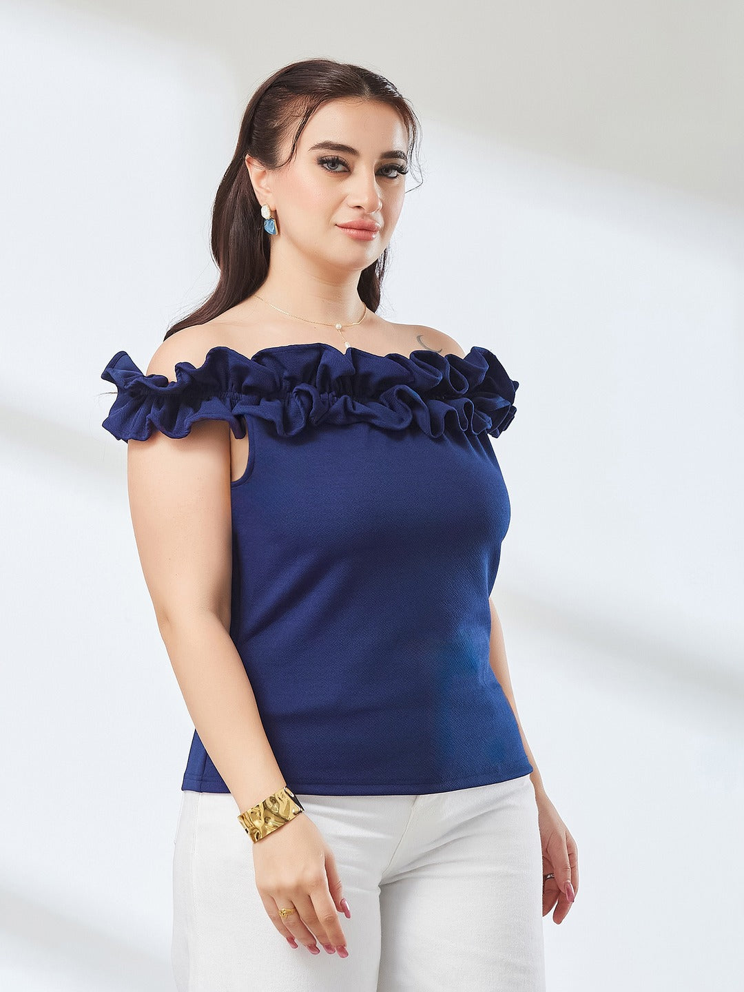 Navy Blue Off Shoulder Sleeveless Solid Ruffled Frilled Gathered Bardot Top for Women