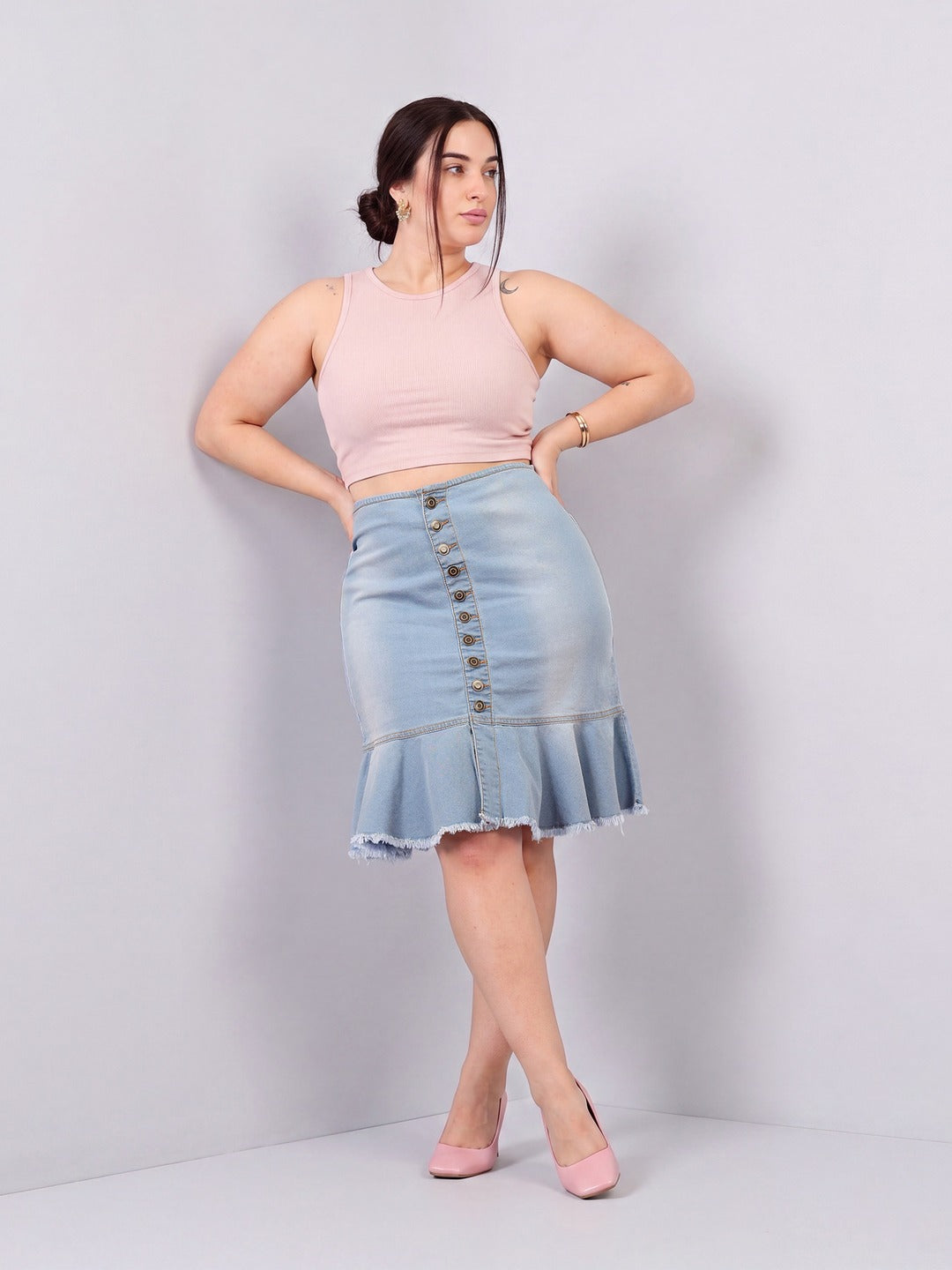Blue Regular Fit Mid Rise Midi Light Weight Denim Skirt for Women