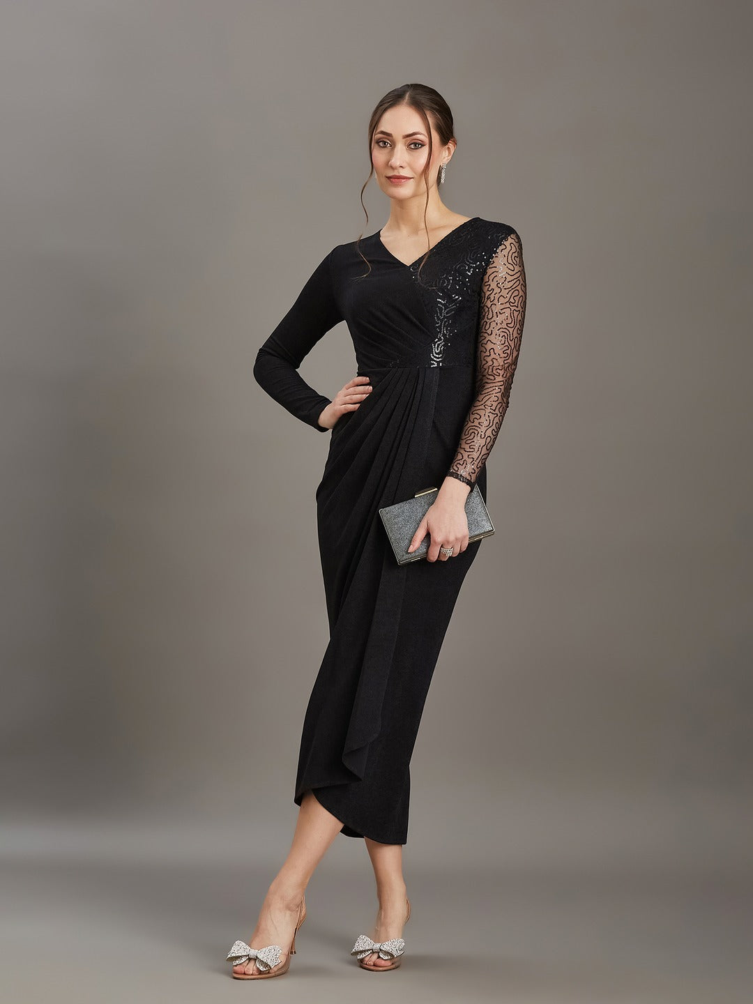 Black V-Neck Full Sleeve Embellished Pleated Longline Dress for Women
