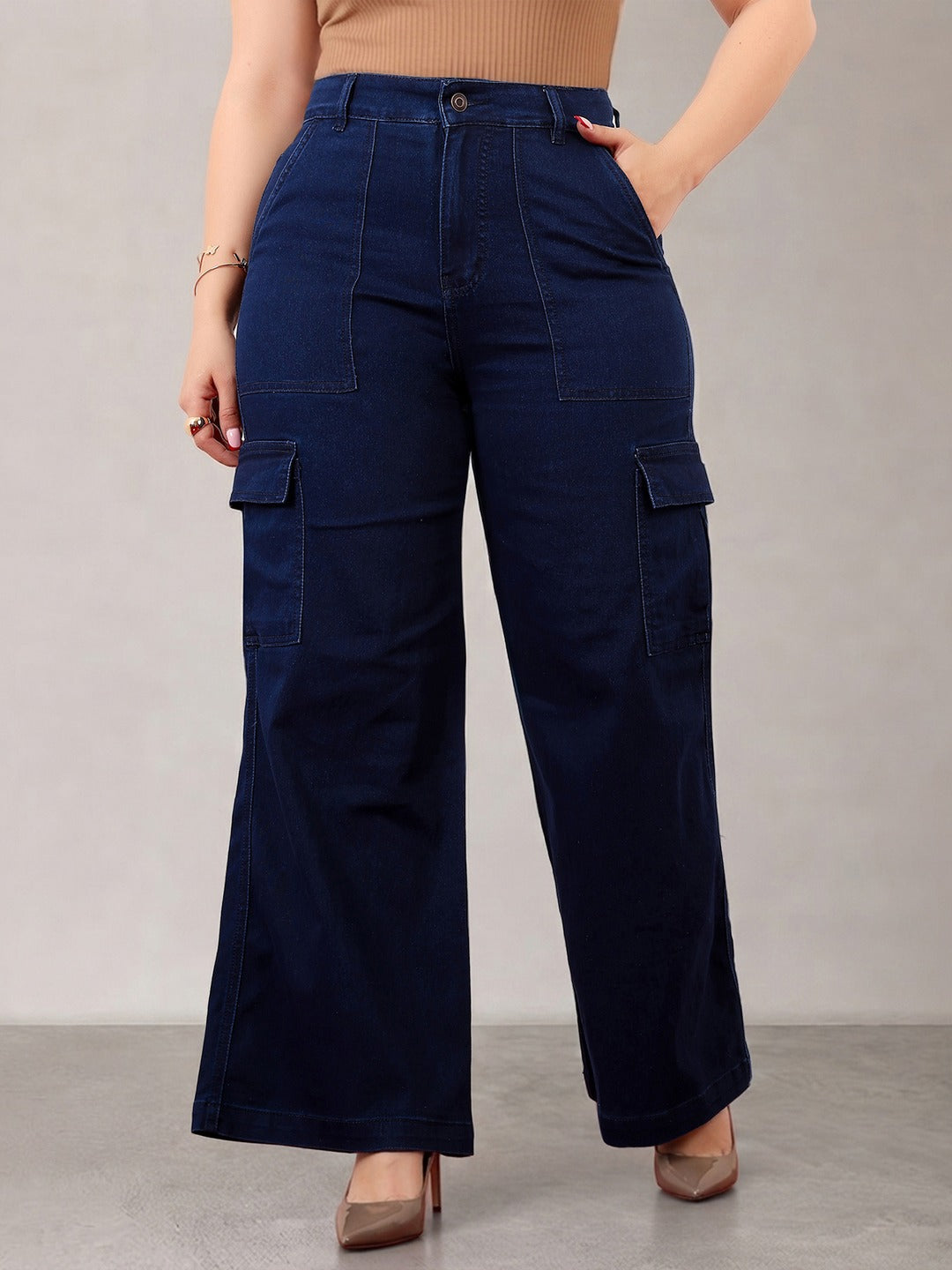 Navy Blue Wide-Leg High-Rise Stretchable Denim Cargo Jeans for Women