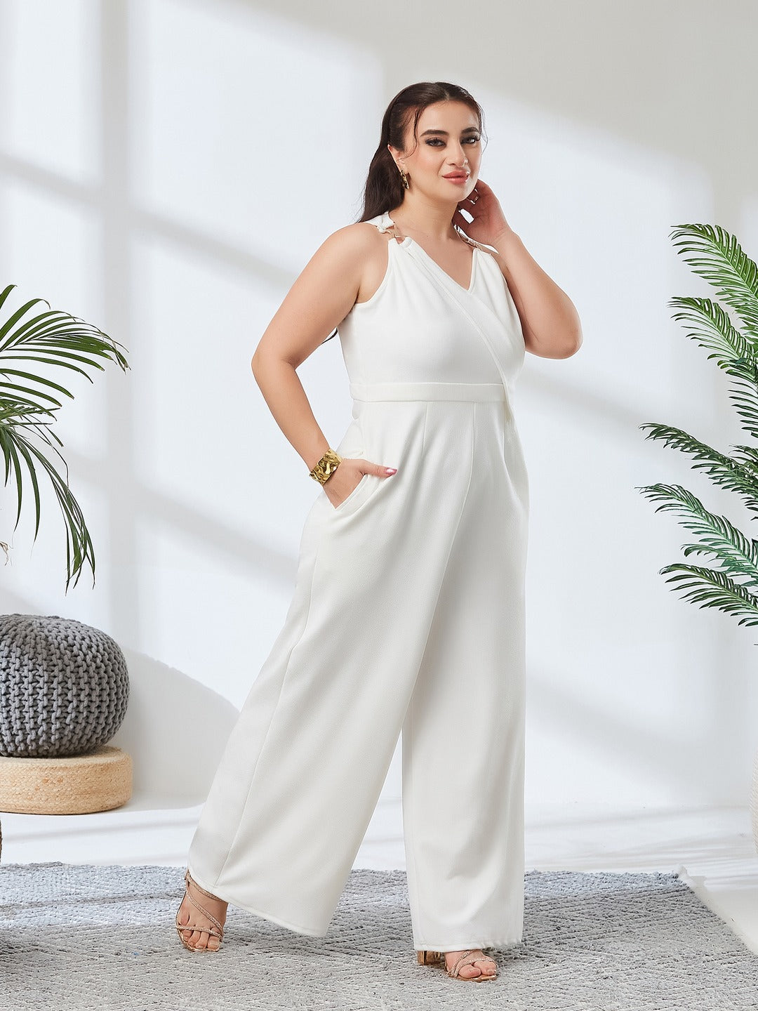 Off-White V-Neck Sleeveless Solid Wrap Regular-Length Polyester Jumpsuit for Women