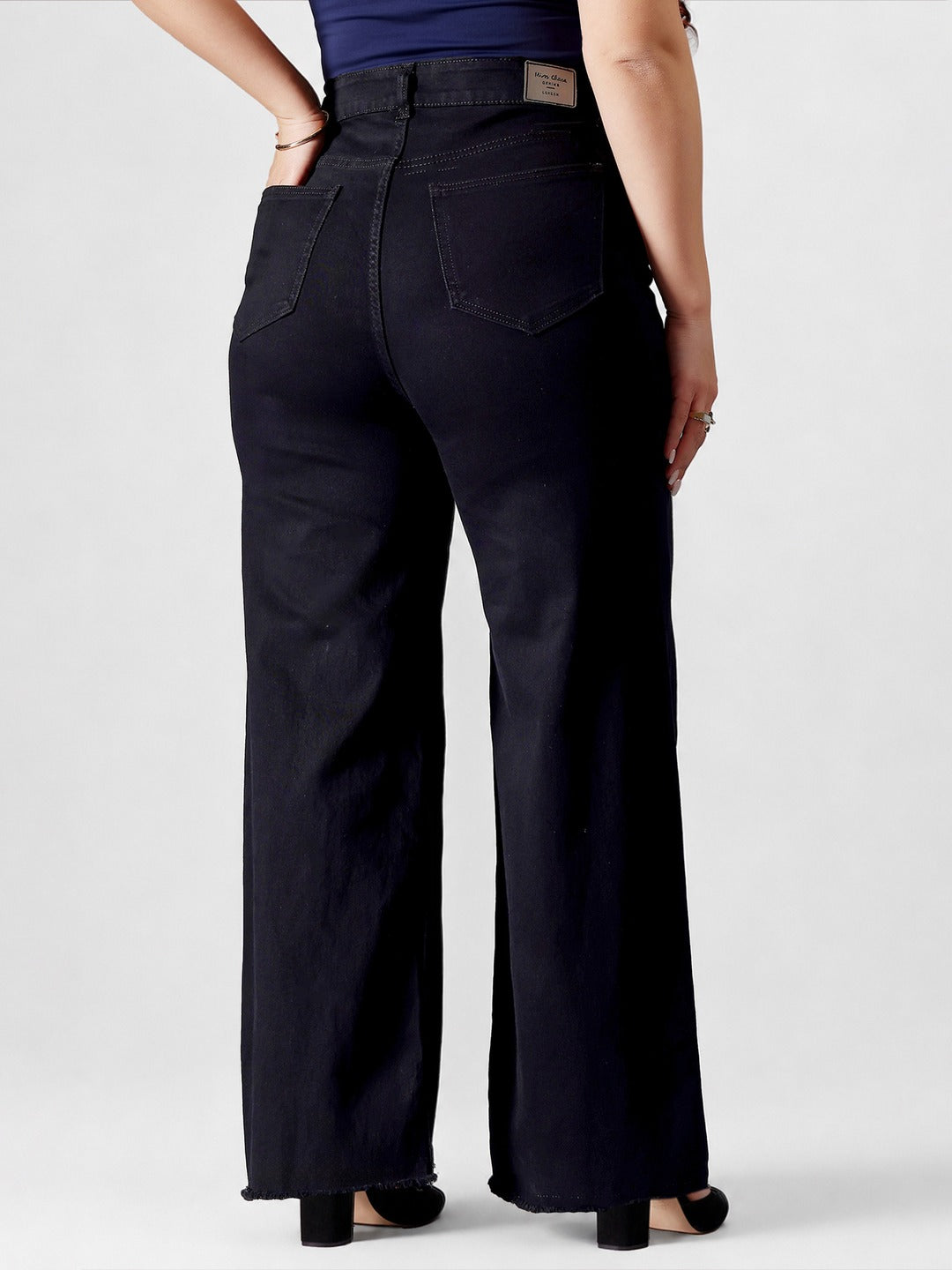 Black High Rise Stretchable Wide Leg Denim Jeans for Women