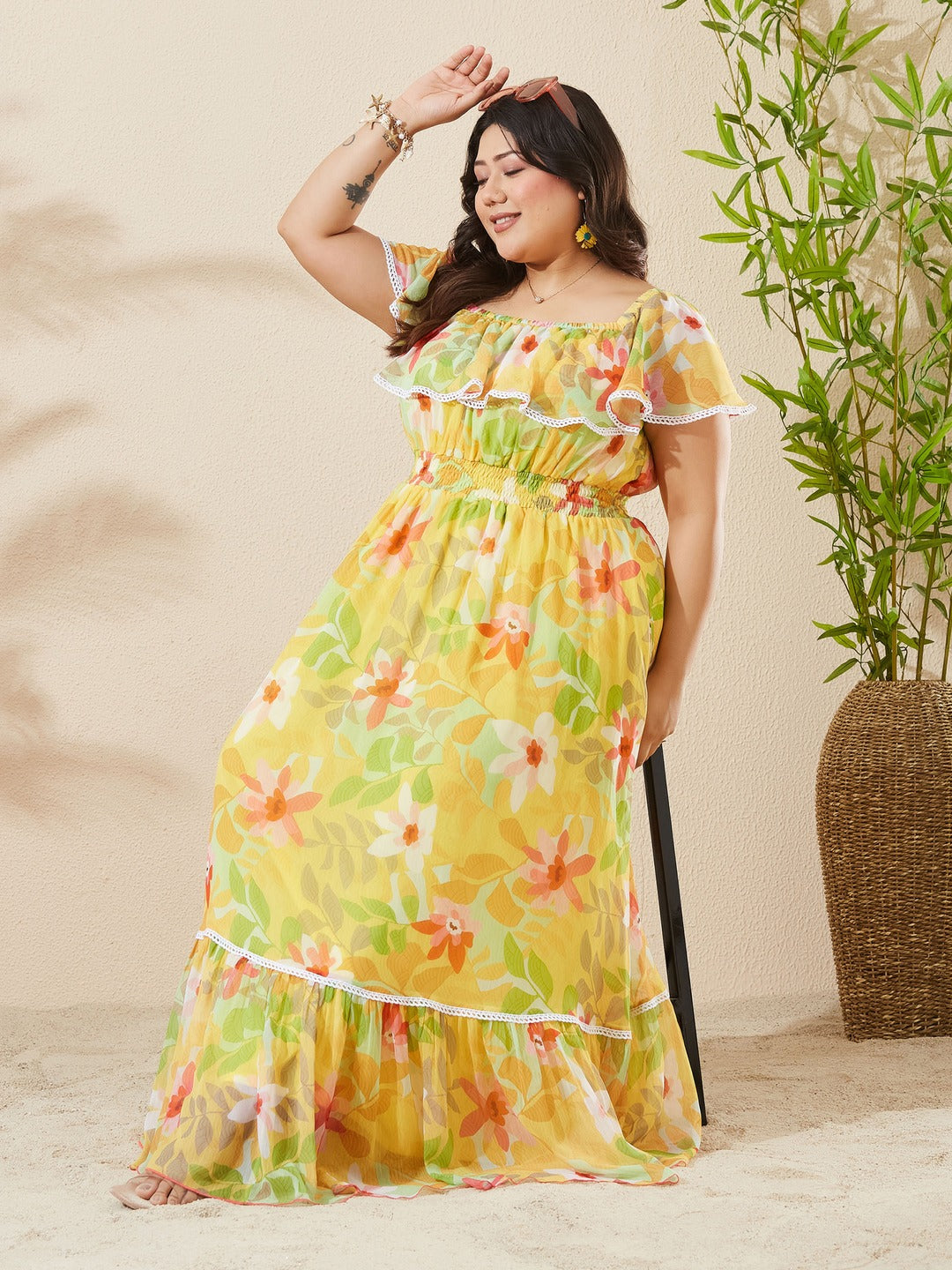 Butter Yellow Square Neck Cape Floral Tiered Maxi Chiffon Dress for Women