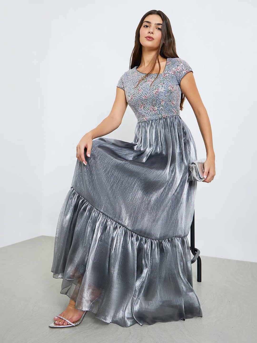 Silver Asymmetric Short Sleeve Embellished Tiered Chiffon Maxi Dress for Women