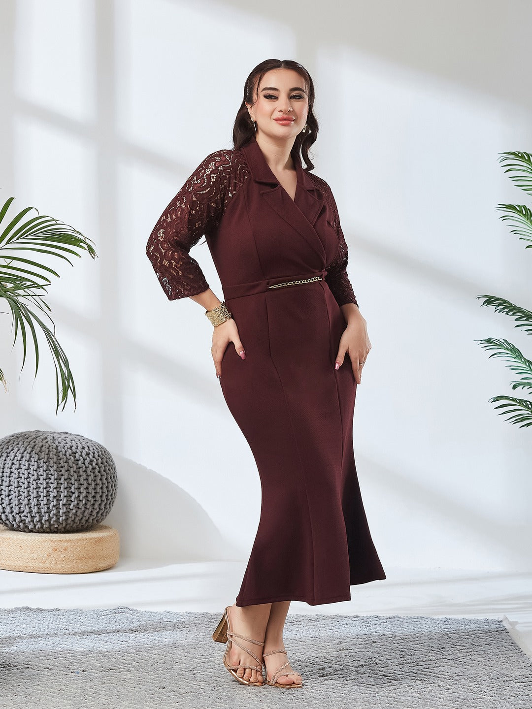 Wine Notched Collar Three-Quarter Sleeve Self-Designed Bodycon Midi Dress for Women