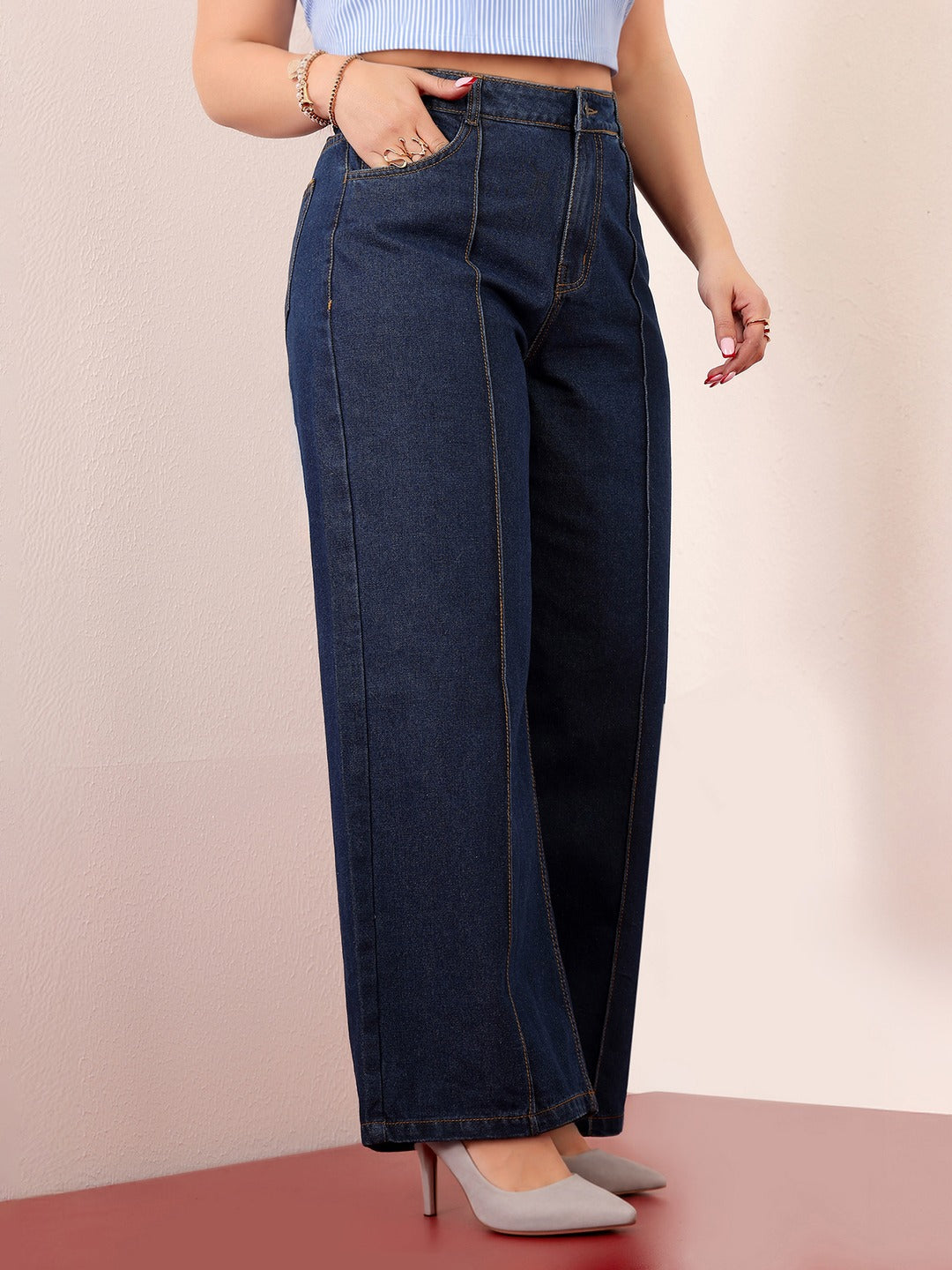 Navy Blue Wide-Leg High-Rise Non-stretchable Denim Jeans for Women