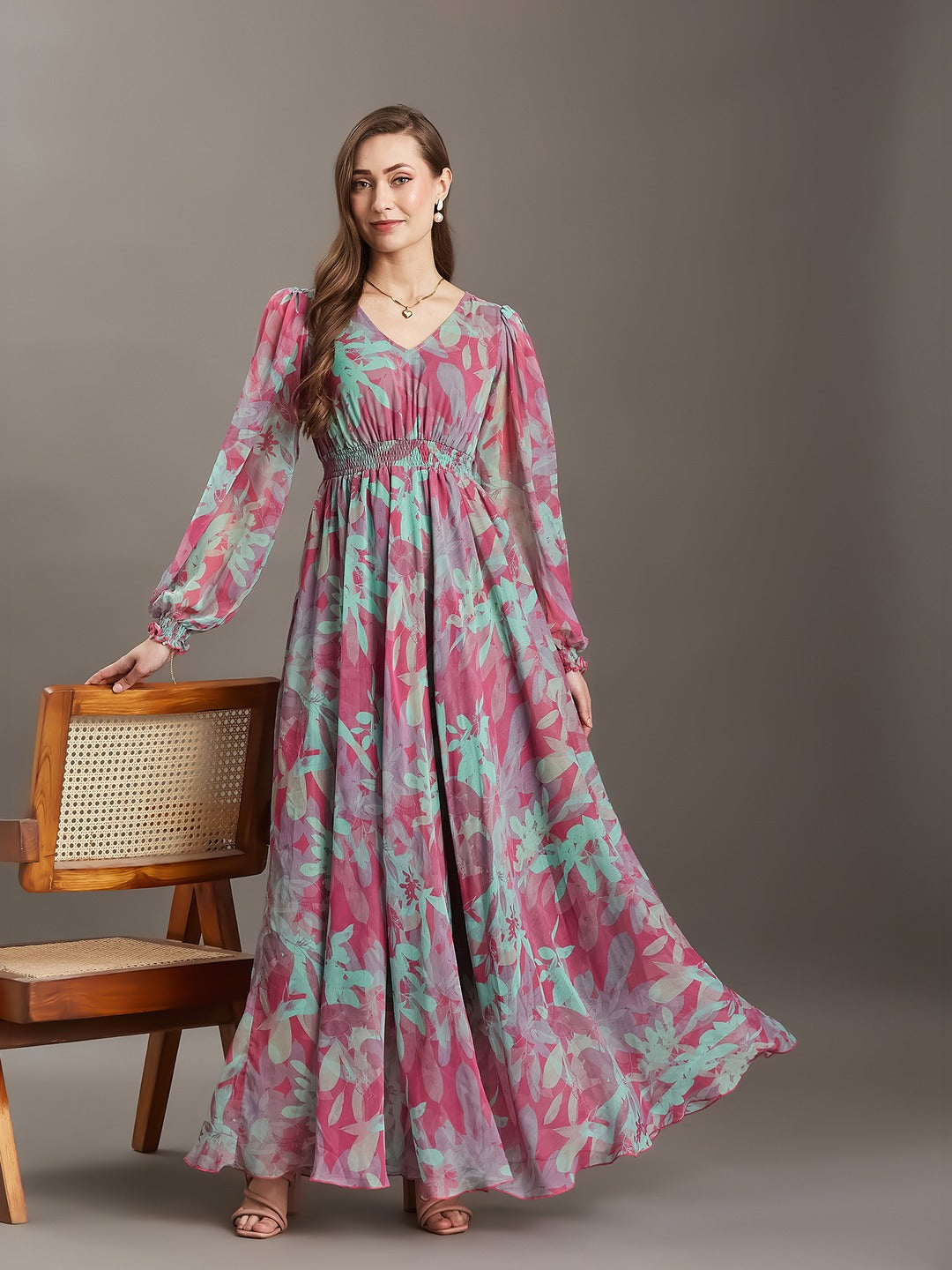 Pink & Mint Floral V-Neck Smocked Bishop Sleeve Maxi Chiffon Dress for Women