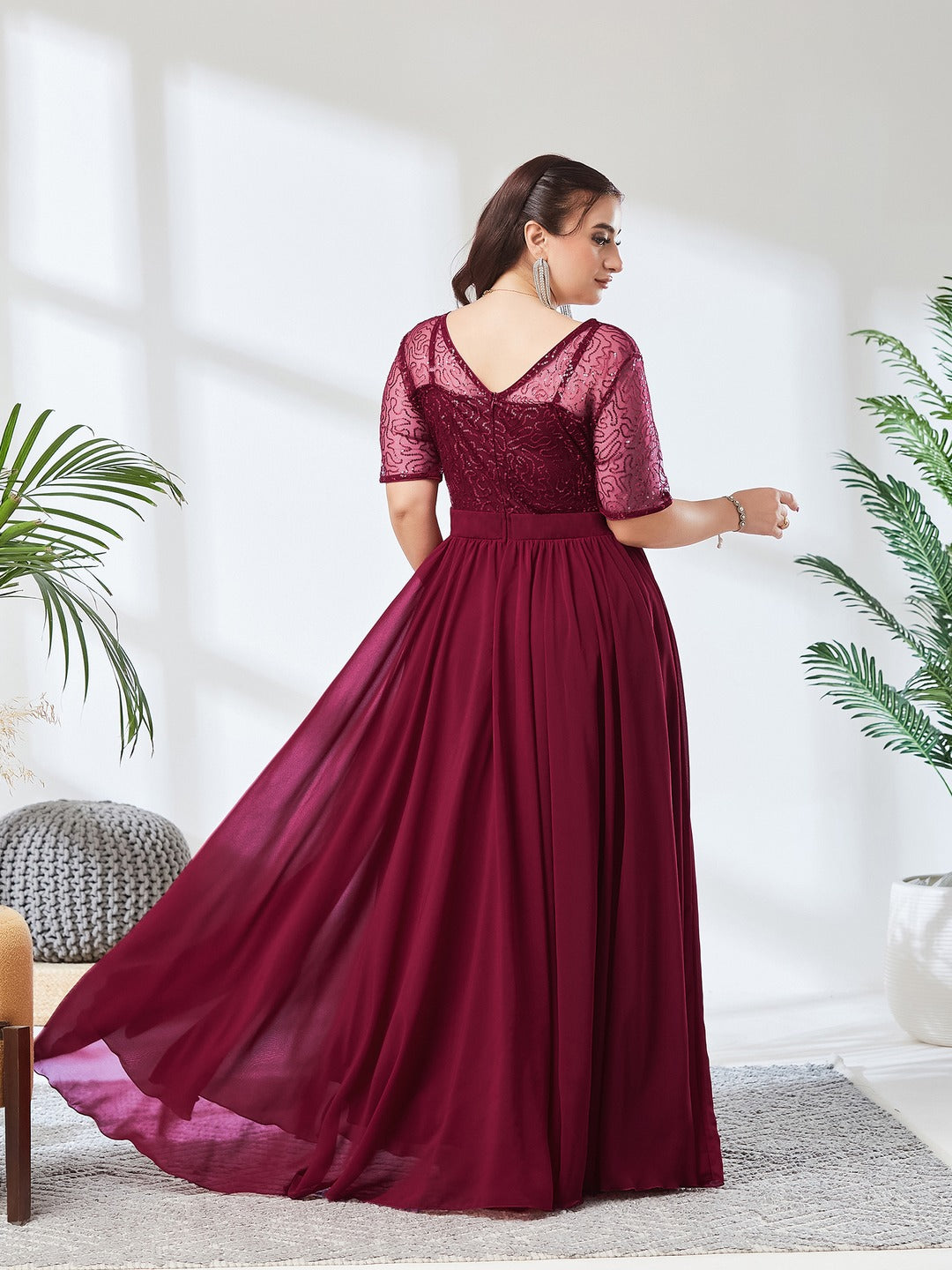 Maaroon Relaxed Fit Maxi Georgette & Sequins Dress for Women