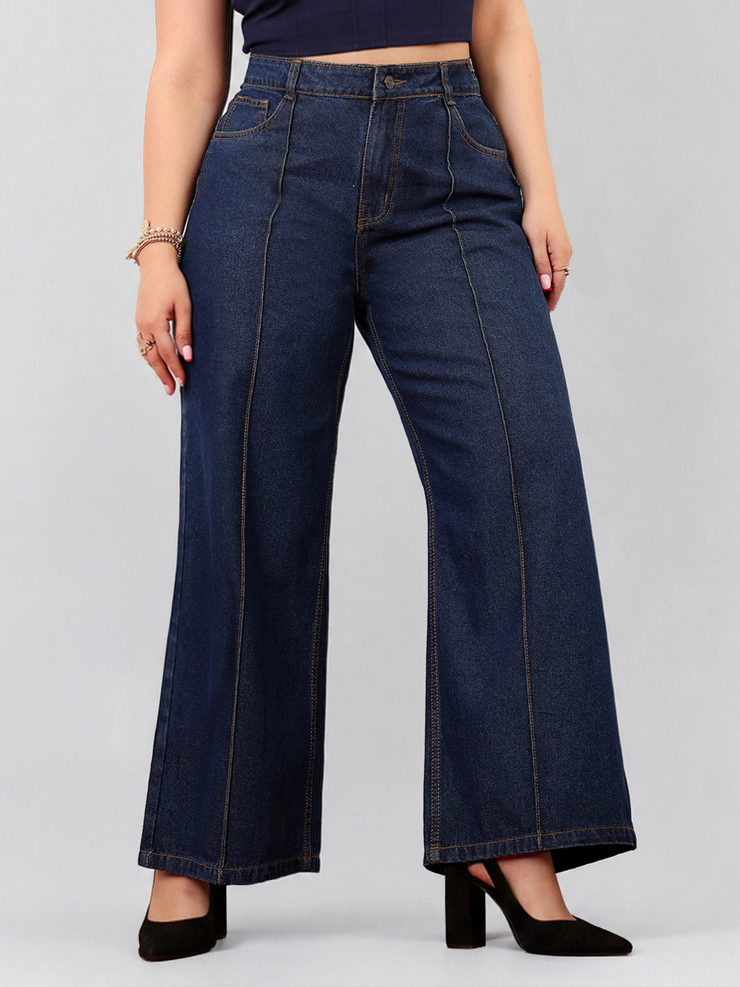 Navy Blue Wide-Leg High-Rise Non-stretchable Denim Jeans for Women