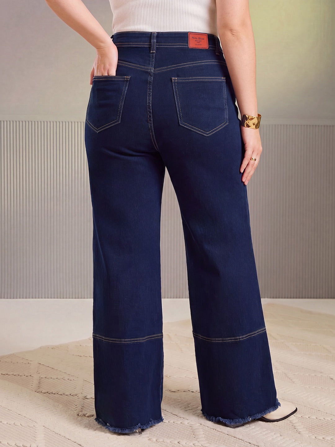 Blue Wide-Leg High-Rise Stretchable Patch-Pocketed Denim Jeans for Women