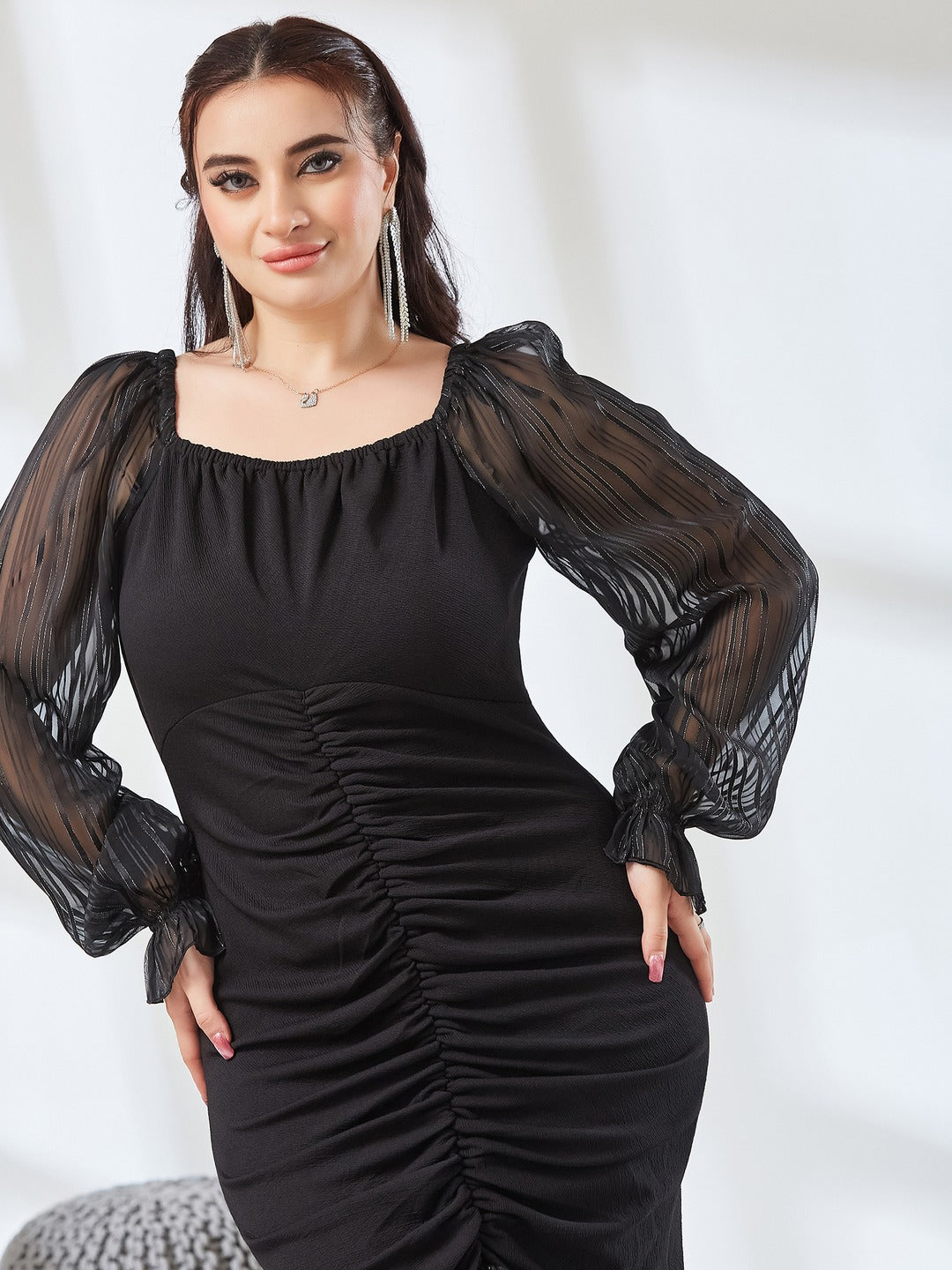 Black Square Puff Sleeve Solid Ruching Midi Dress for Women