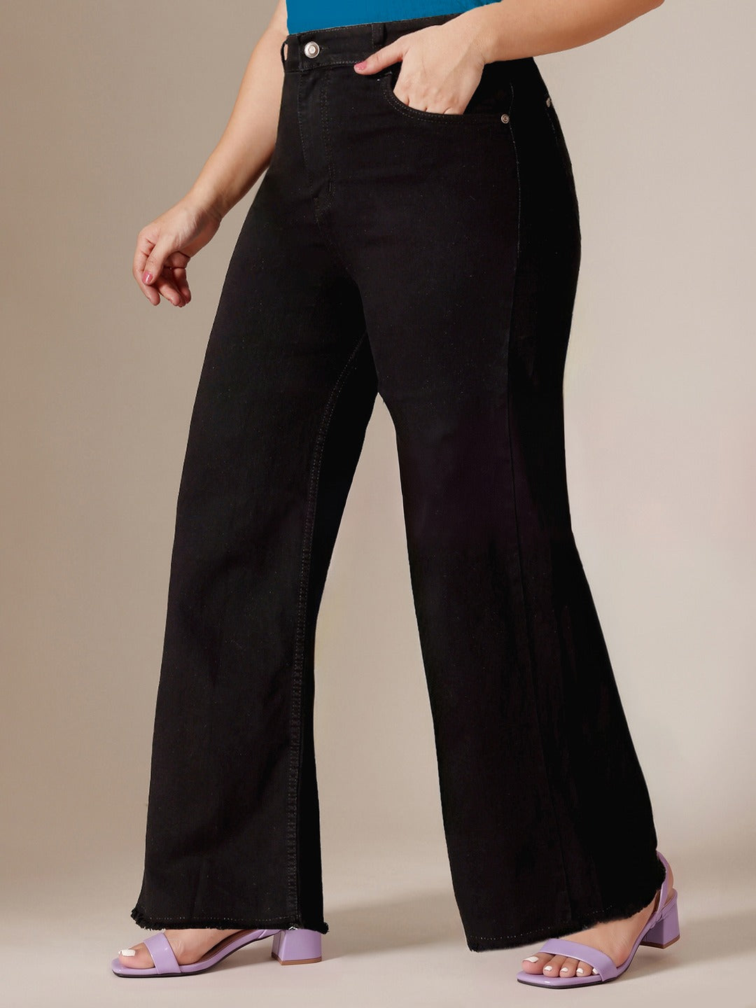 Light Blue Wide-Leg Mid Rise Blast Effect Denim Jeans for Women