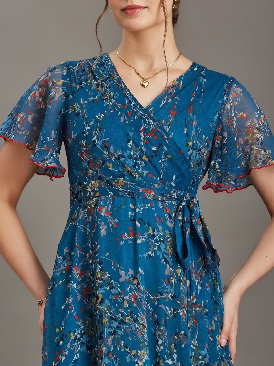Multicolored Teal Floral V-Neck Flared Sleeve Wrap Chiffon Maxi Dress for Women