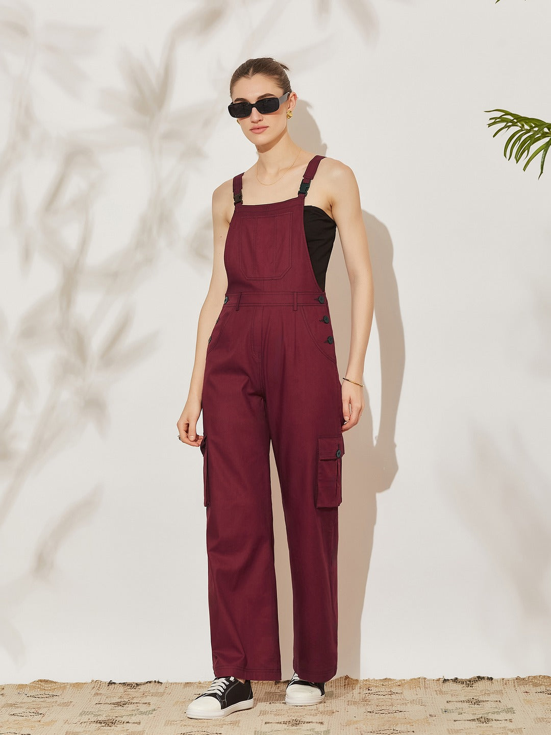 Maroon Square Neck Sleeveless Solid Full Length Cotton Dungaree for Women