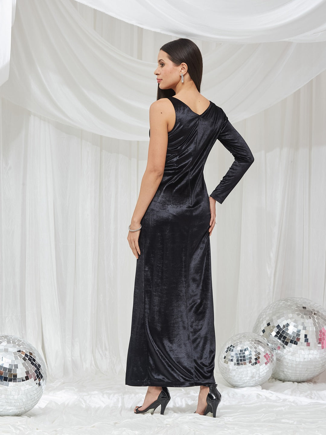 Black Asymmetric Asymmetric Solid Bodycon Maxi Velvet Dress for Women