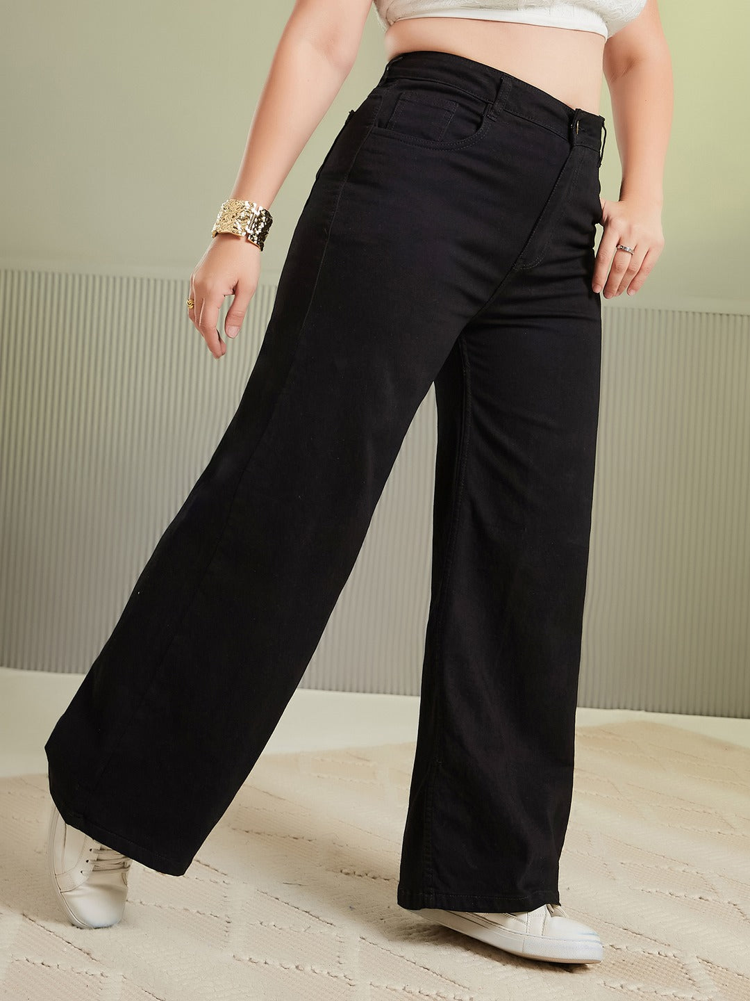 Black Wide Leg High Rise Stretchable Denim Jeans for Women