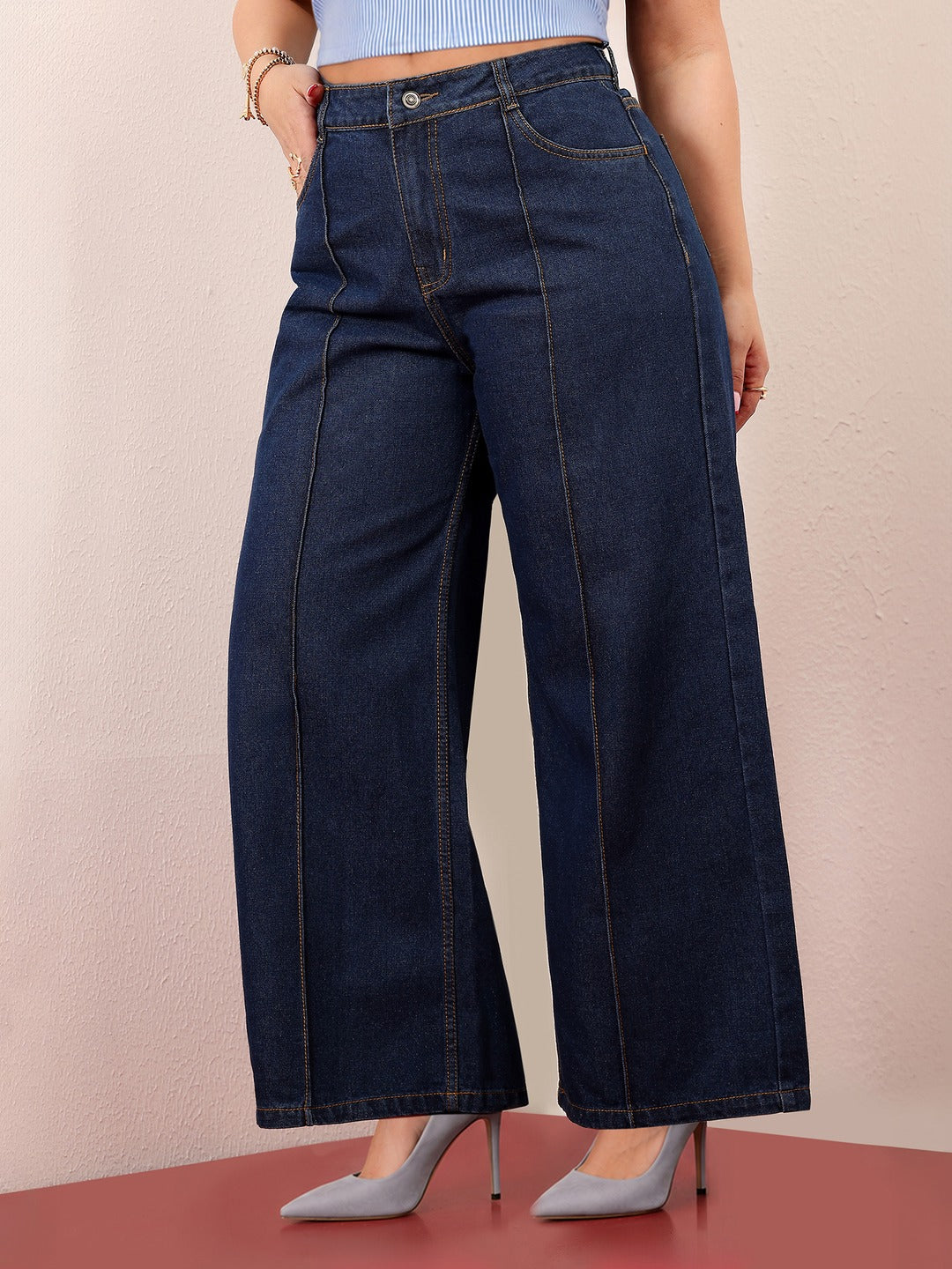 Navy Blue Wide-Leg High-Rise Non-stretchable Denim Jeans for Women